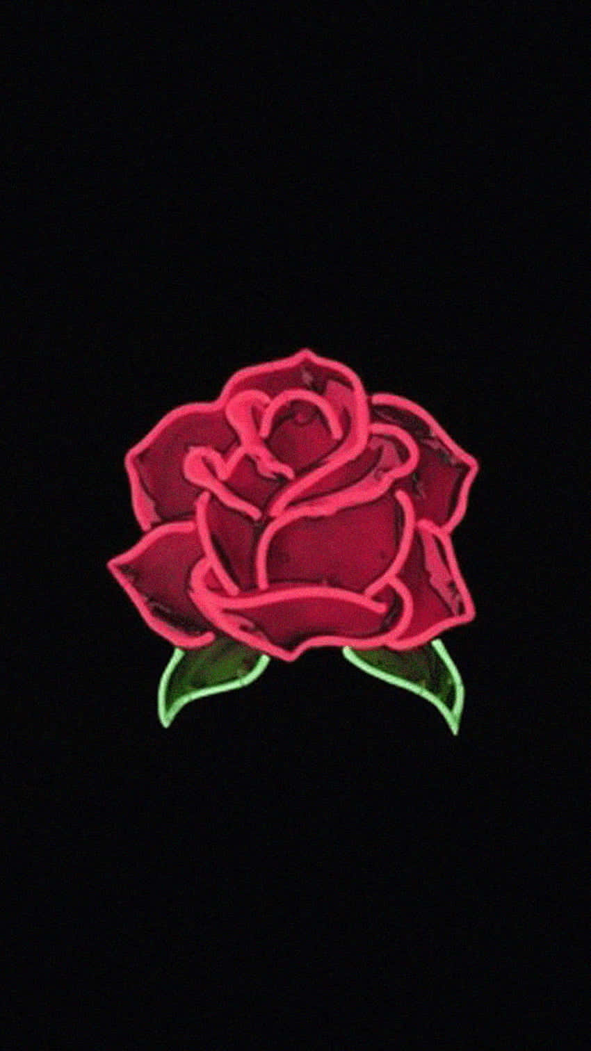 Cute Rose 桌布 壁紙 — 一朵發光的霓虹粉紅玫瑰配以綠葉，在純黑色背景上鮮明突出。