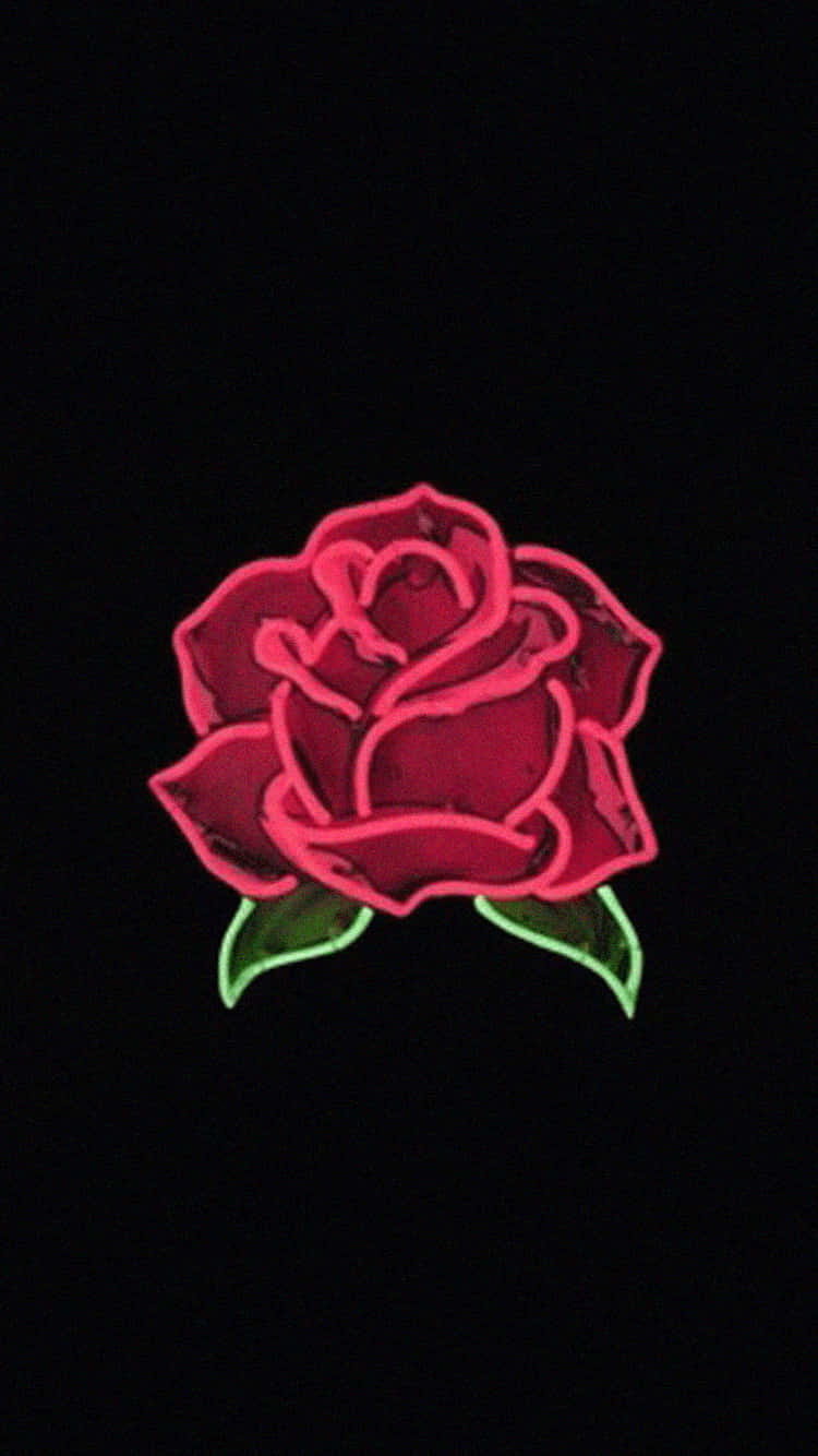 Rose Flower 桌布 壁紙 — 一朵發光的霓虹粉紅玫瑰配綠葉，在純黑背景上鮮明突出。