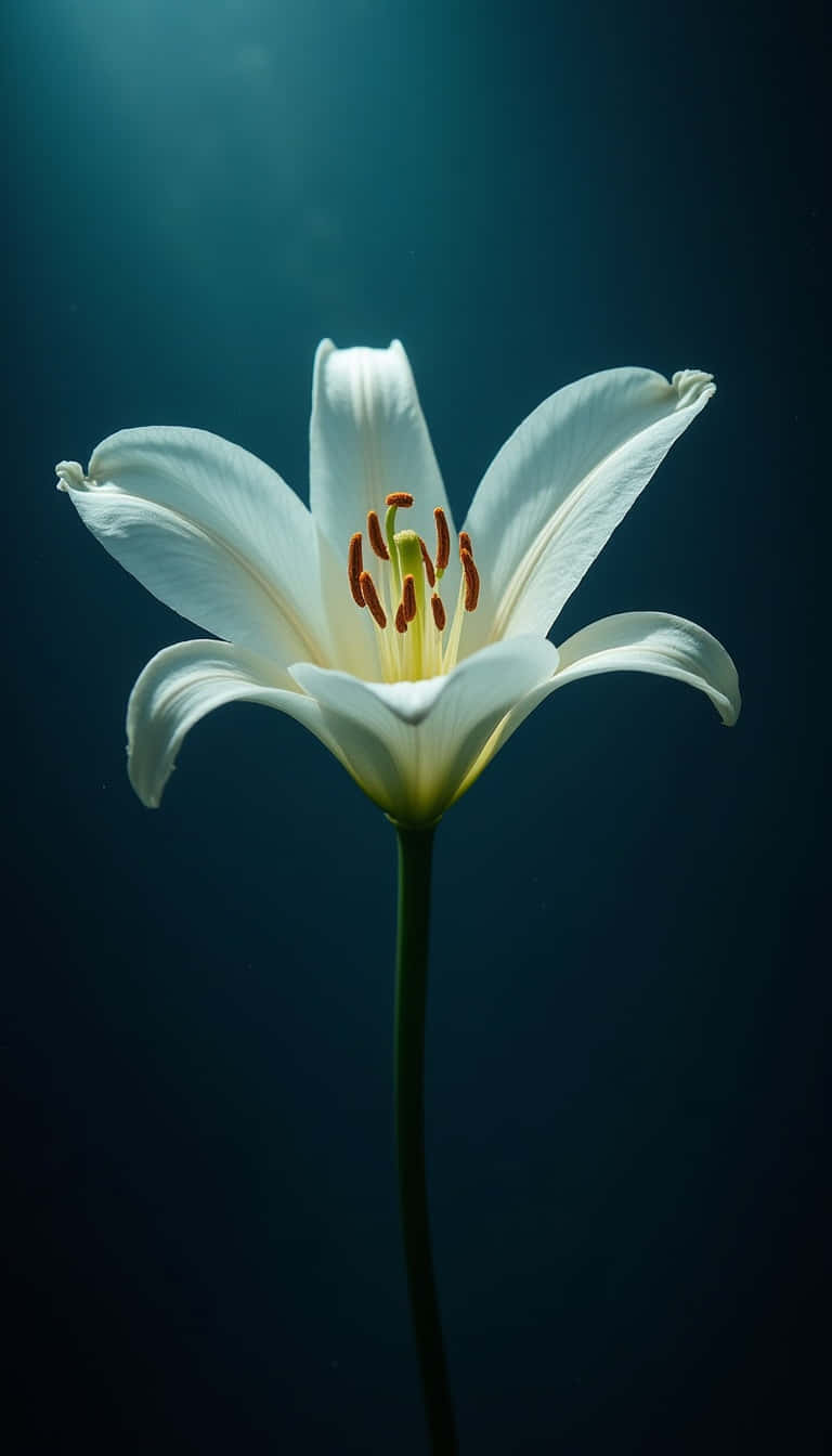 Flower 壁紙 — 一朵白色百合花在水下綻放，陽光從上方過濾，映襯著深藍色的背景。