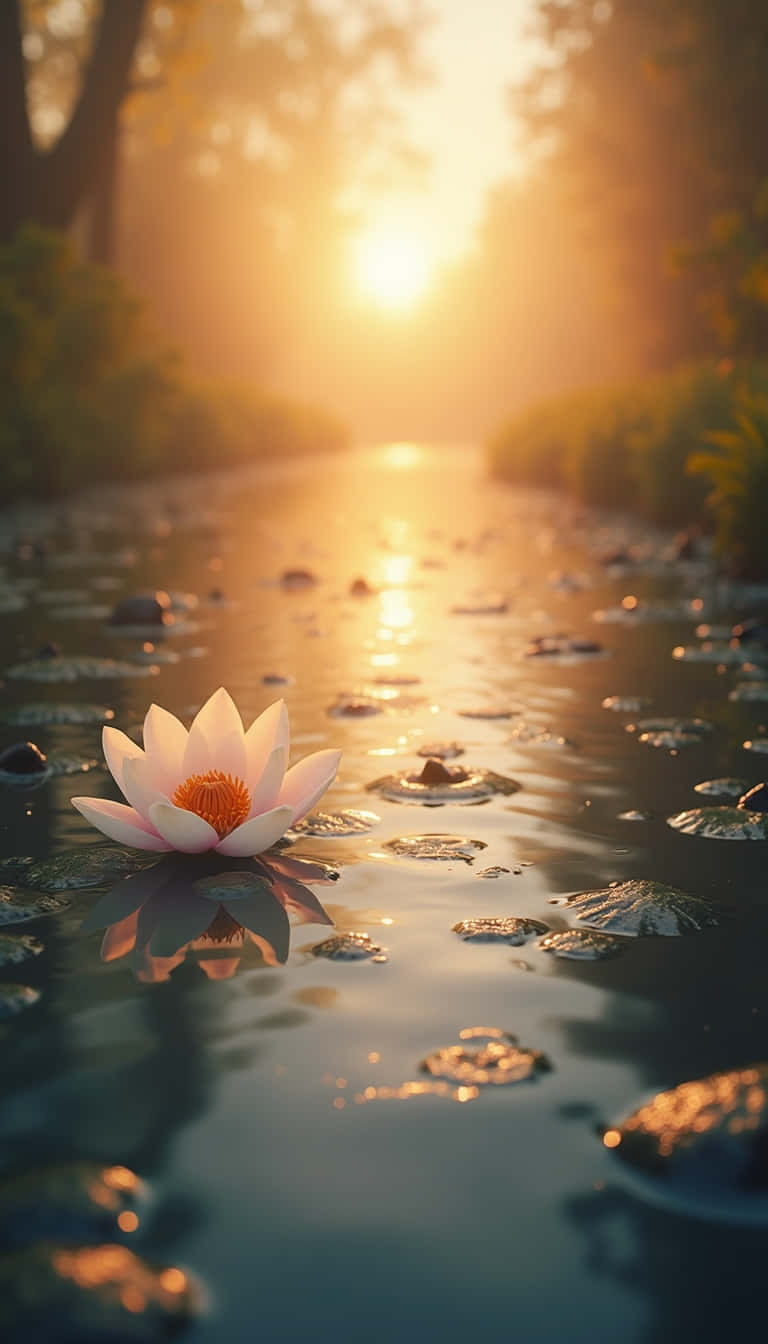 花卉 桌布 壁紙 — 一朵白色睡蓮在寧靜的池塘中盛開，金色夕陽的柔和光線穿過樹木。