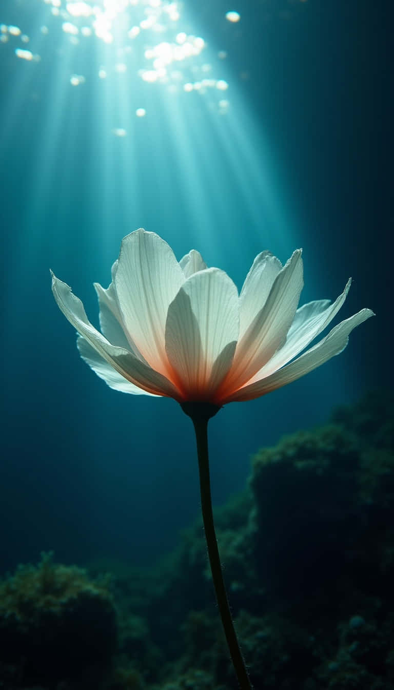 Flower 壁紙 — 一朵白色花朵，橙色花心，在水下綻放，陽光穿透深藍色海洋。