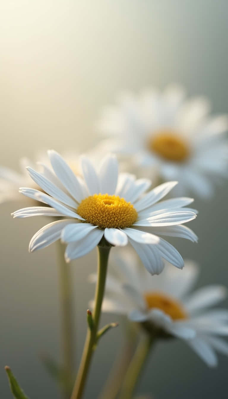 Flower 壁紙 — 一朵白色花瓣、鮮黃色花心的雛菊特寫，在溫暖的逆光中柔和發光。