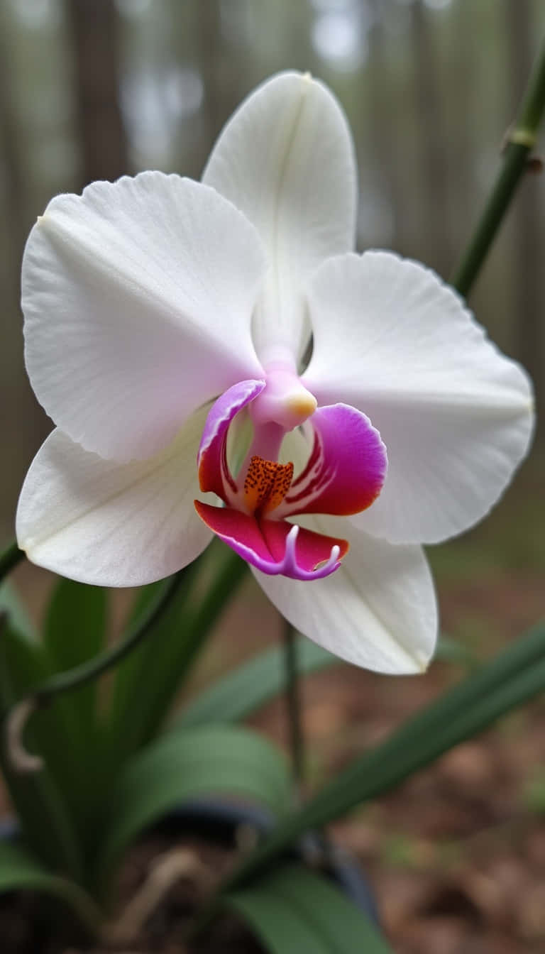Flower 壁紙 — 一朵白色蘭花近距離特寫，帶有充滿活力的粉紅色和橙色中心，在柔和模糊的森林背景下綻放。