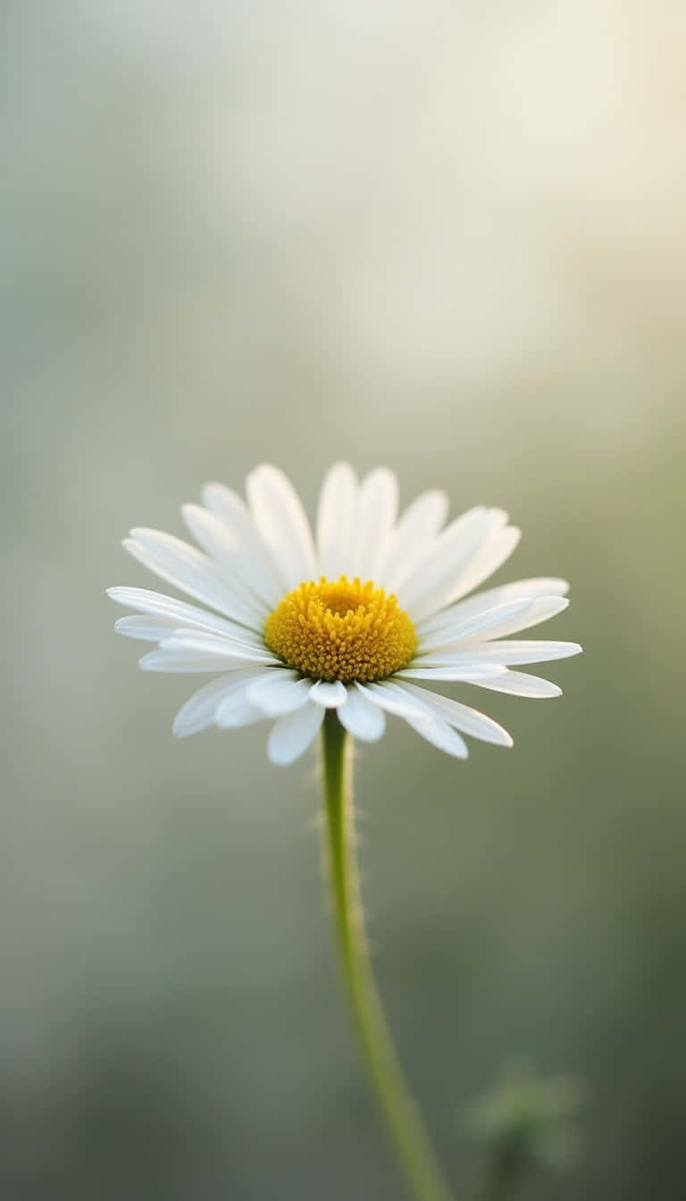 Flower 壁紙 — 一朵白色雛菊，帶有充滿活力的黃色花心，在模糊的綠色和米色背景上柔和地綻放。