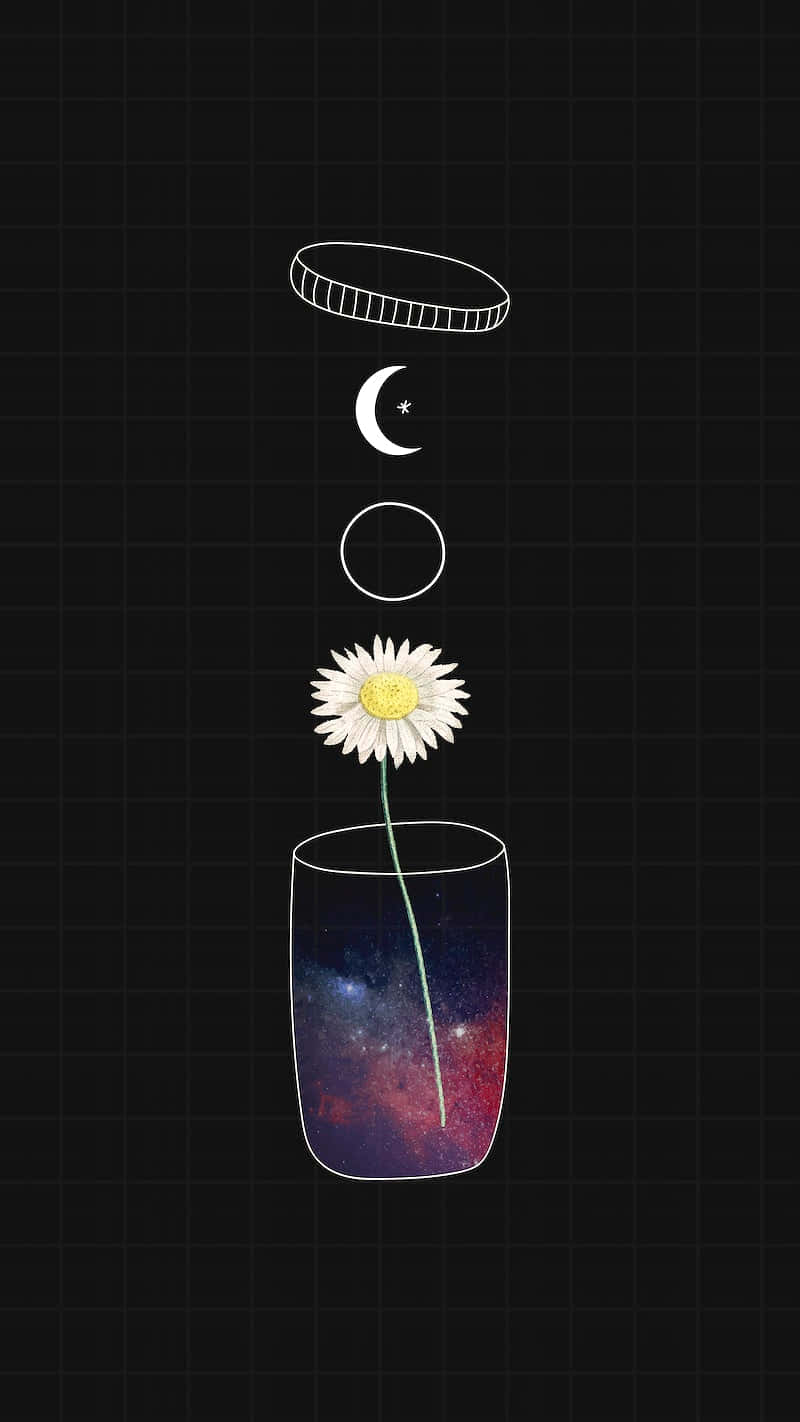 桌布 壁紙 — 一朵白色雛菊，帶有宇宙星系莖，從玻璃罐中長出，背景是黑色網格，有漂浮的月亮和蓋子。