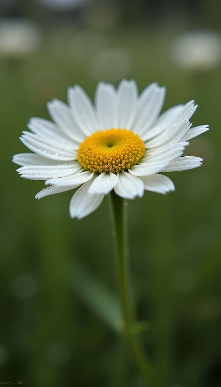 Flower 壁紙 — 一朵白色雛菊，帶有明亮的黃色花心和露珠，在柔和的綠色模糊背景中高高聳立。