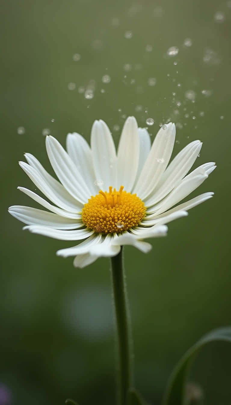 Flower 壁紙 — 一朵白色雛菊，帶有鮮豔的黃色花心，在柔和的綠色背景上，水滴四濺，傲然挺立。