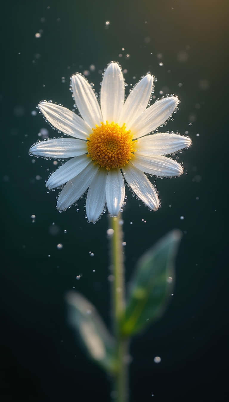 Flower 壁紙 — 一朵白色雛菊，黃色花心，在深綠色背景上閃爍著露珠。