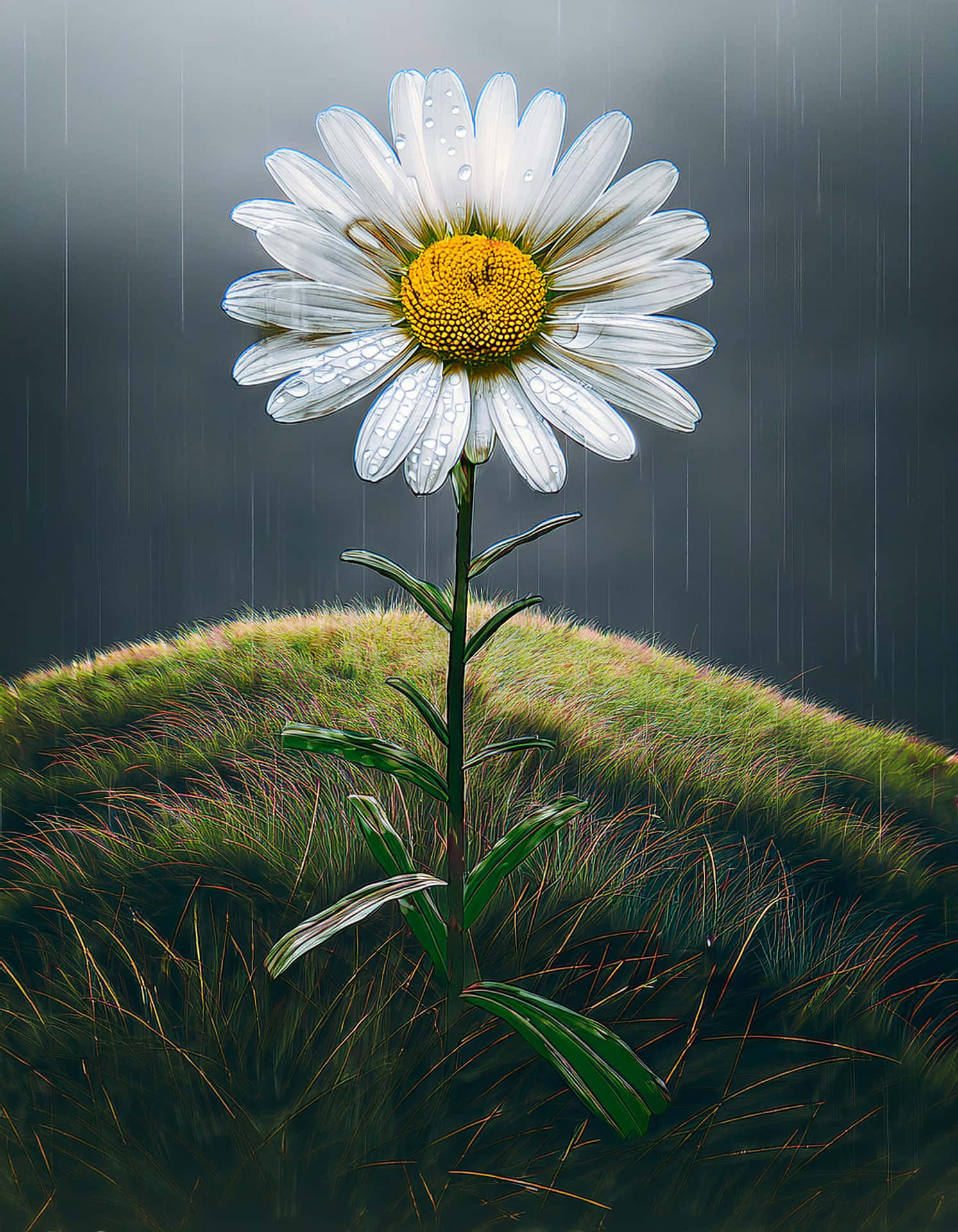 The Elegance of Daisy in the Rain 壁紙 — 一朵白色雛菊，黃色花心，在草丘上的雨滴中高高聳立，背景是深灰色的天空。