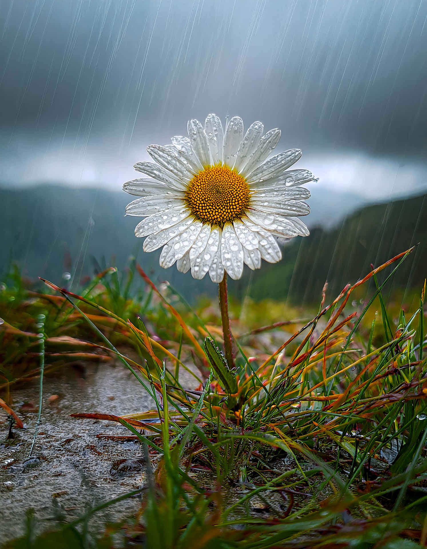 The Elegance of Daisy in the Rain 壁紙 — 一朵白色雛菊，黃色花心，在雨中堅韌挺立，花瓣上的水珠閃閃發光，背景是模糊的山巒。