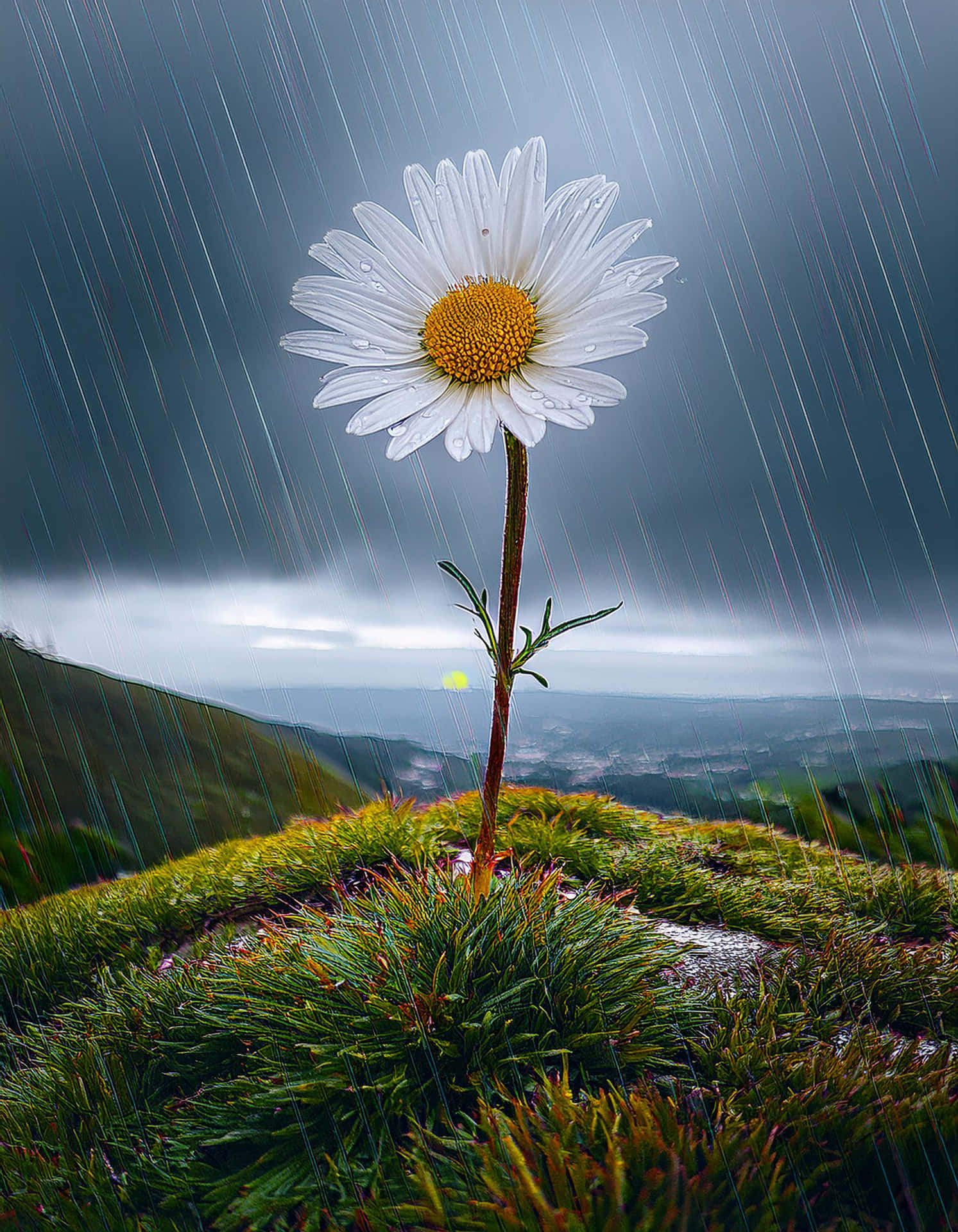 The Elegance of Daisy in the Rain 壁紙 — 一朵白色雛菊，黃色花心，在雨中高高矗立在長滿苔蘚的山頂上，俯瞰著霧氣瀰漫的山谷。