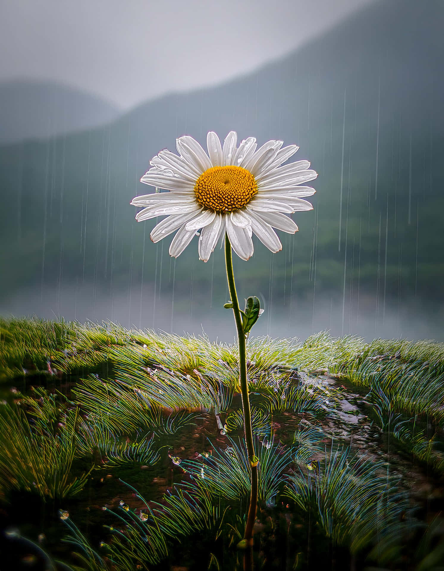 The Elegance of Daisy in the Rain 壁紙 — 一朵白色雛菊，黃色花心，在雨滴中高高聳立於鮮綠的草地上，背景是霧濛濛的山巒。