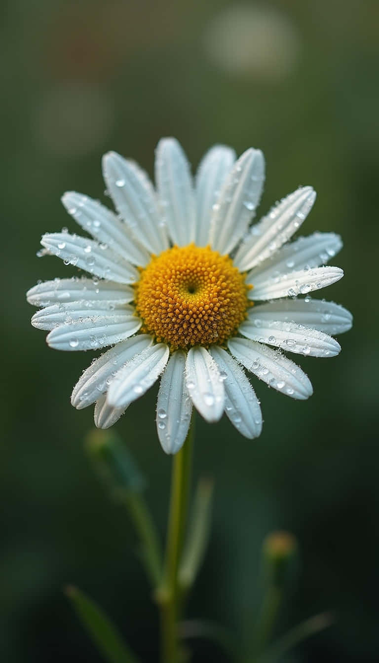 Flower 壁紙 — 一朵白色雛菊的特寫，黃色花心在模糊的綠色背景下閃爍著露珠。
