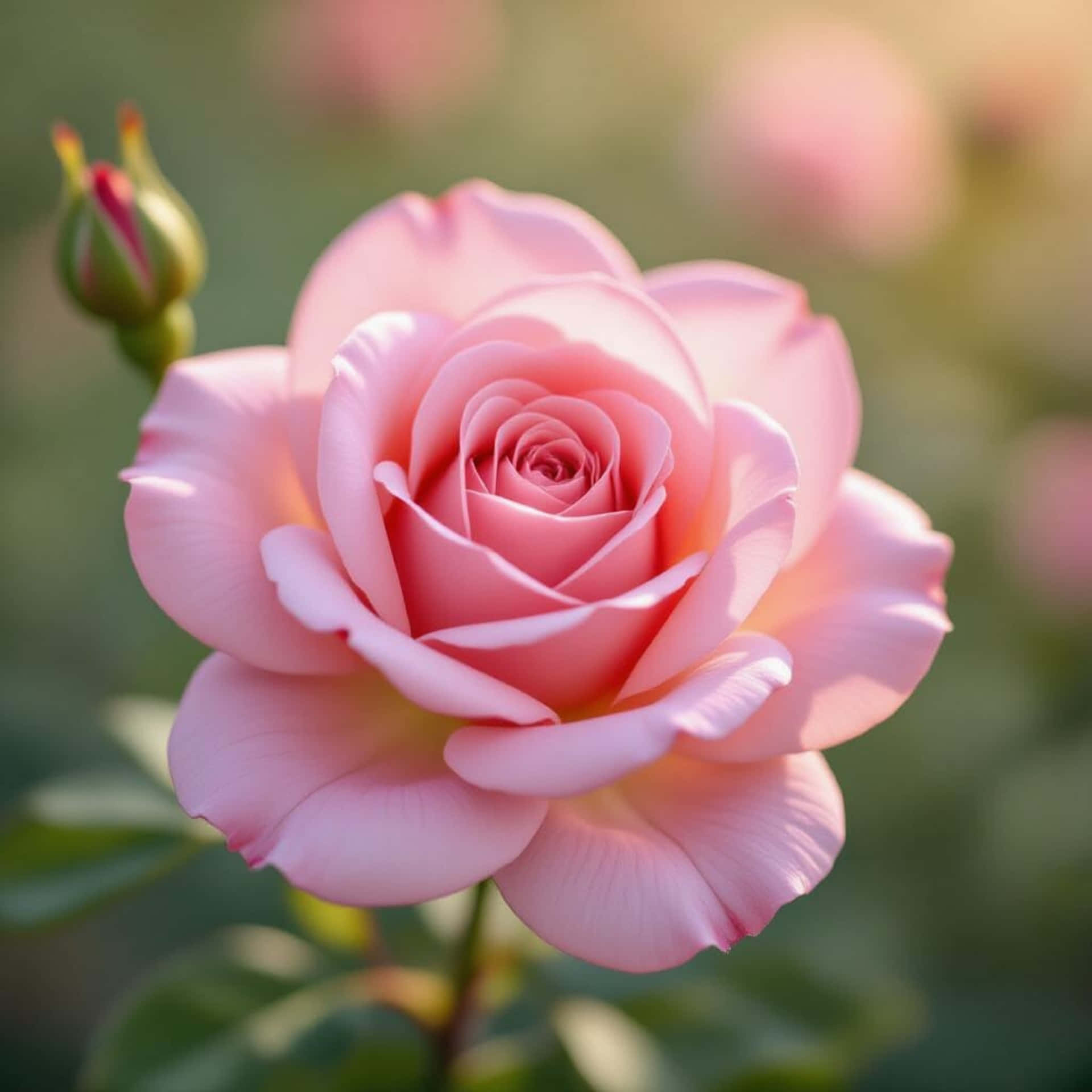 Close-up photo of a light pink rose on bokeh background. 壁紙 — 一朵盛開的柔粉色玫瑰，帶有精緻層層疊疊的花瓣，旁邊有一個綠色花蕾，背景是模糊的花園。