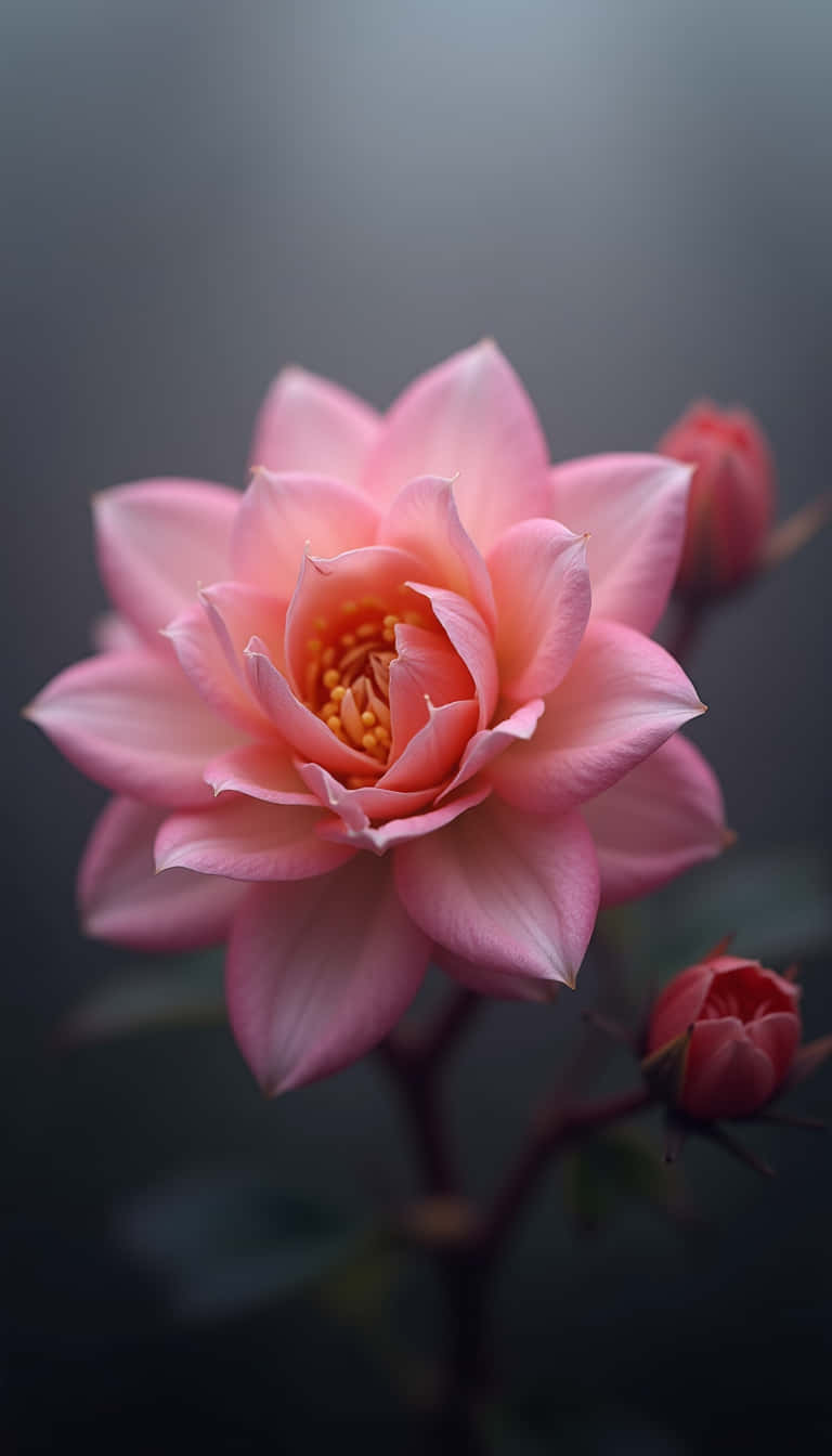 花卉 桌布 壁紙 — 一朵盛開的柔粉色玫瑰，帶有精緻的花瓣和金色的雄蕊，背景是模糊的深色。
