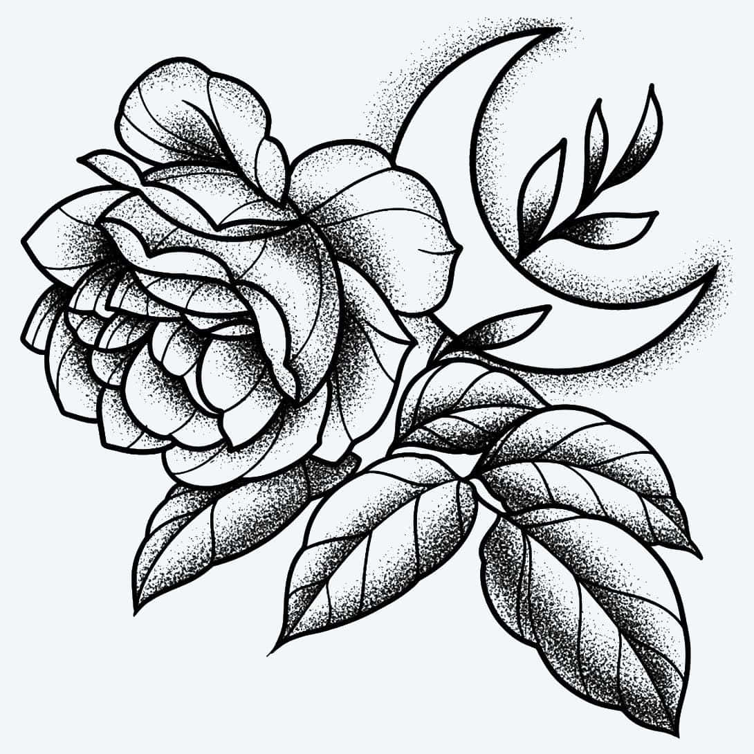 Rose Symbol 桌布 壁紙 — 一朵盛開的玫瑰，帶有葉子和新月，詳細的黑白點畫插圖。