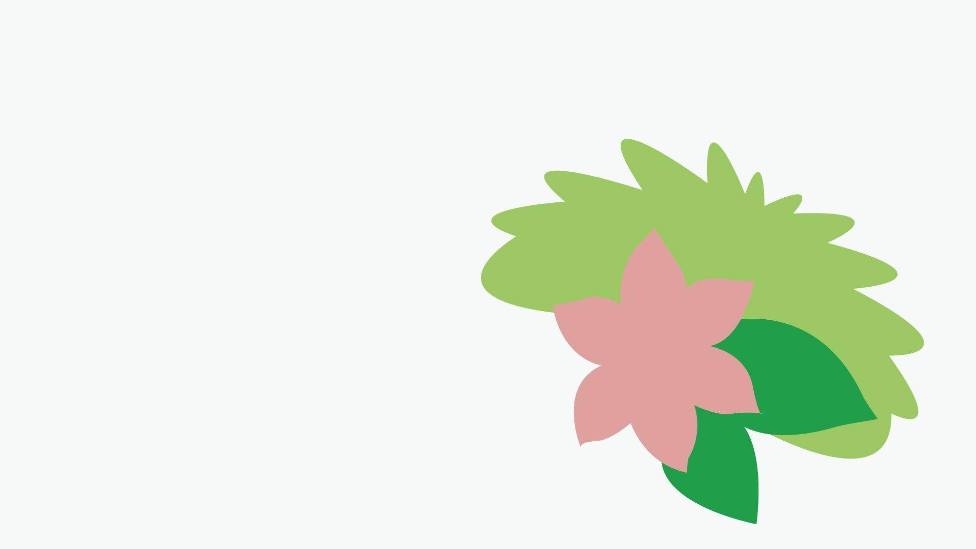Shaymin 桌布 壁紙 — 一朵簡約的粉紅色花朵，帶有綠色葉子和葉片，放在純白色背景上。