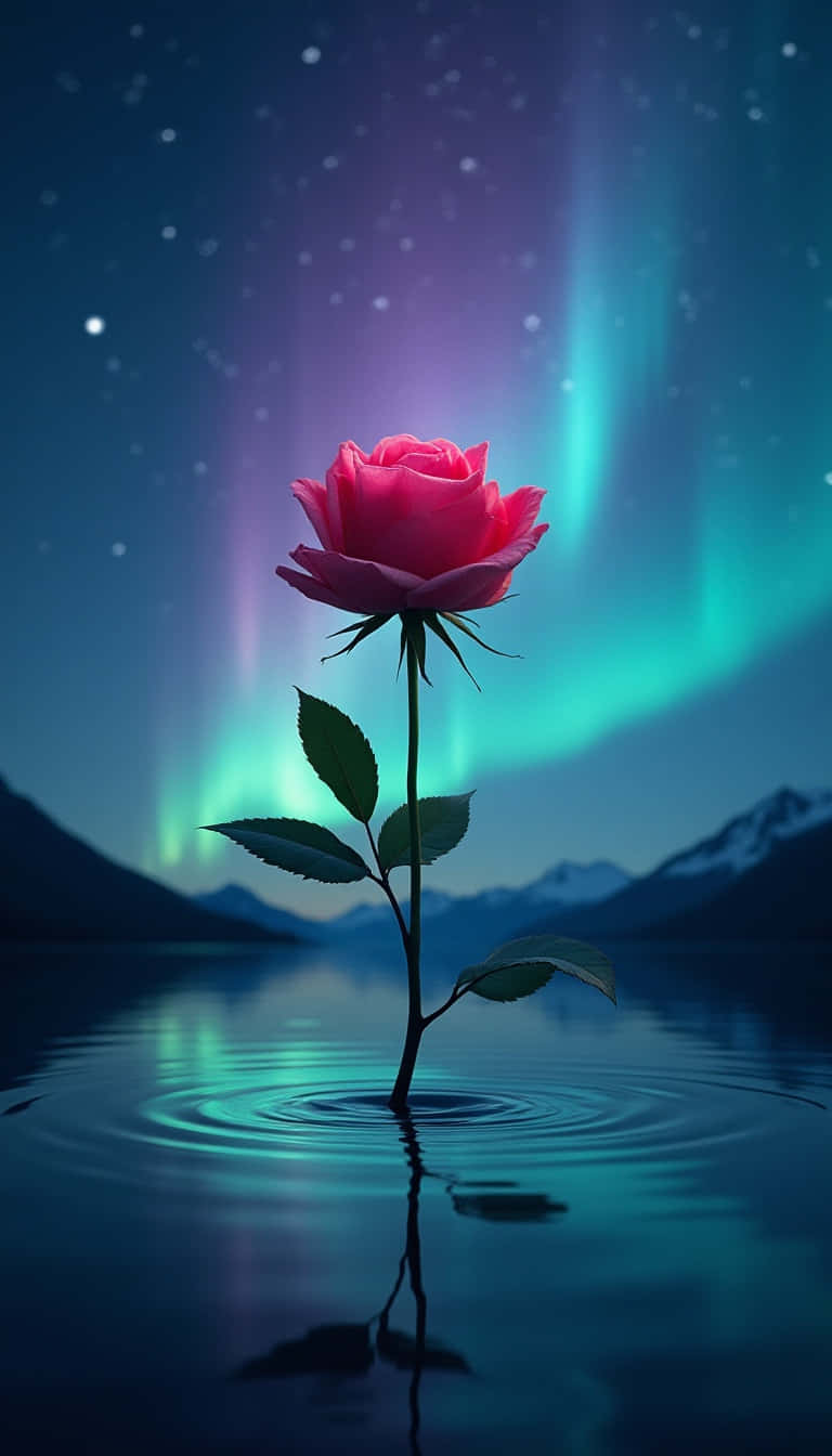 Flower 壁紙 — 一朵粉紅玫瑰在平靜的水面上綻放，背景是充滿活力的北極光、星空和遠處的雪山。