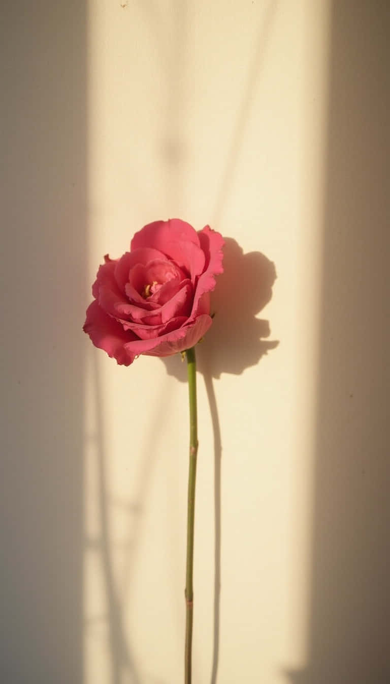 Flower 壁紙 — 一朵粉紅玫瑰在柔和陽光下佇立，在淺色牆上投下長長的影子。