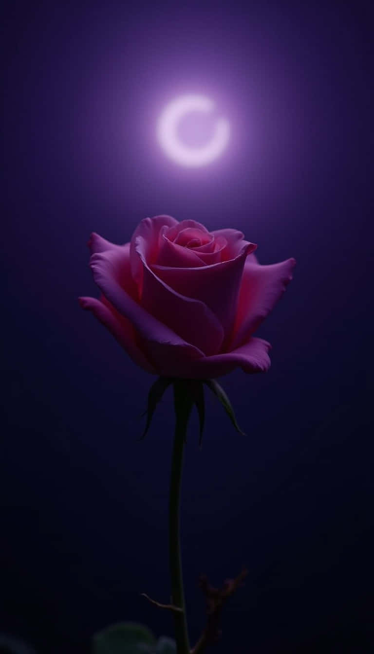 Flower 壁紙 — 一朵粉紅玫瑰在閃爍的彎月下盛開，背景是深紫色的夜空。