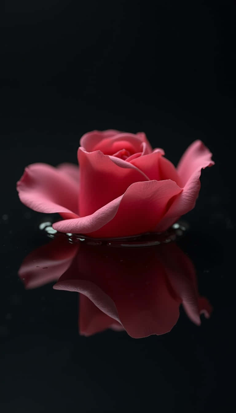 Flower 壁紙 — 一朵粉紅玫瑰靜靜地漂浮在深色水上，花瓣在下方柔和地倒映，一片寧靜。