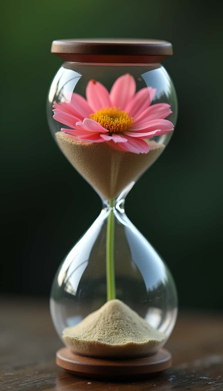 Flower 壁紙 — 一朵粉紅色、黃色花心的非洲菊雛菊，放在一個裝滿沙子的玻璃沙漏中，背景是深綠色。