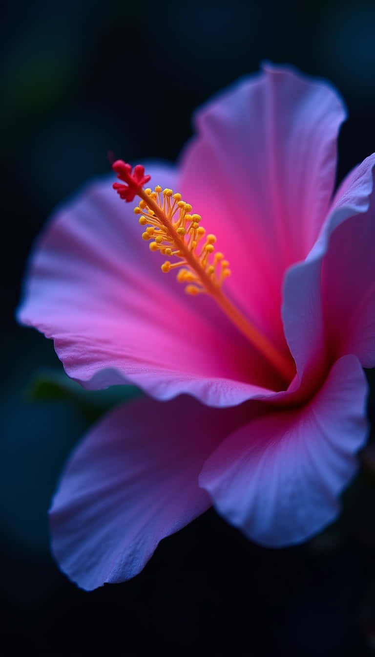 Flower 壁紙 — 一朵粉紅色木槿花的特寫，帶有黃色雄蕊和紅色柱頭，在深藍色背景上發光。