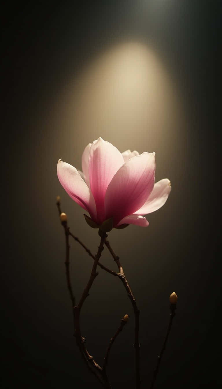 Flower 壁紙 — 一朵粉紅色的木蘭花在聚光燈下柔和地發光，背景是深色，帶有萌芽的莖。