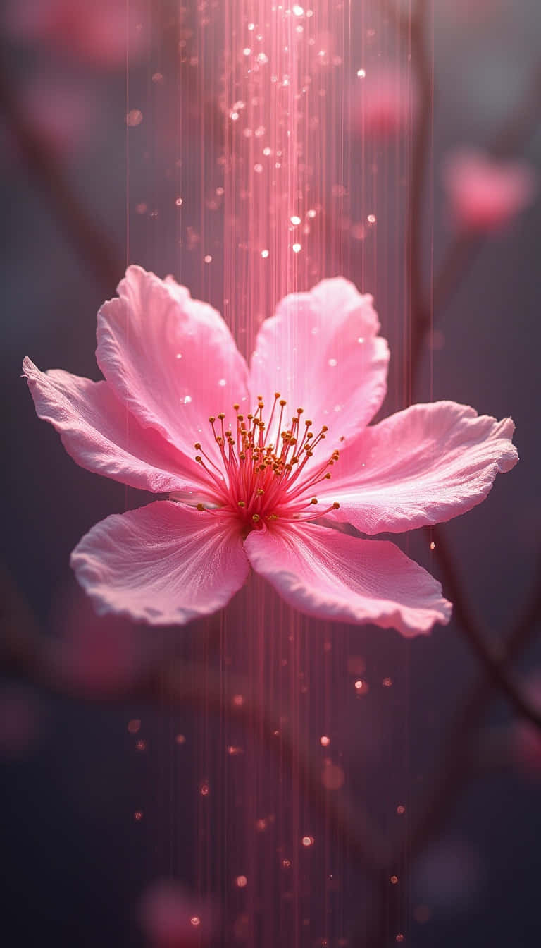 Flower 壁紙 — 一朵粉紅色的櫻花在層疊的光束下發光，帶有閃爍的粒子，背景是黑暗模糊的。