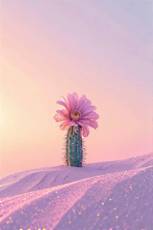 Minimalist Desert with Blooming Cactus at Pastel Sunset 壁紙 — 一朵粉紅色的花朵在帶刺的綠色仙人掌頂端盛開，仙人掌從閃閃發光的紫色沙中升起，背景是柔和的粉彩天空。