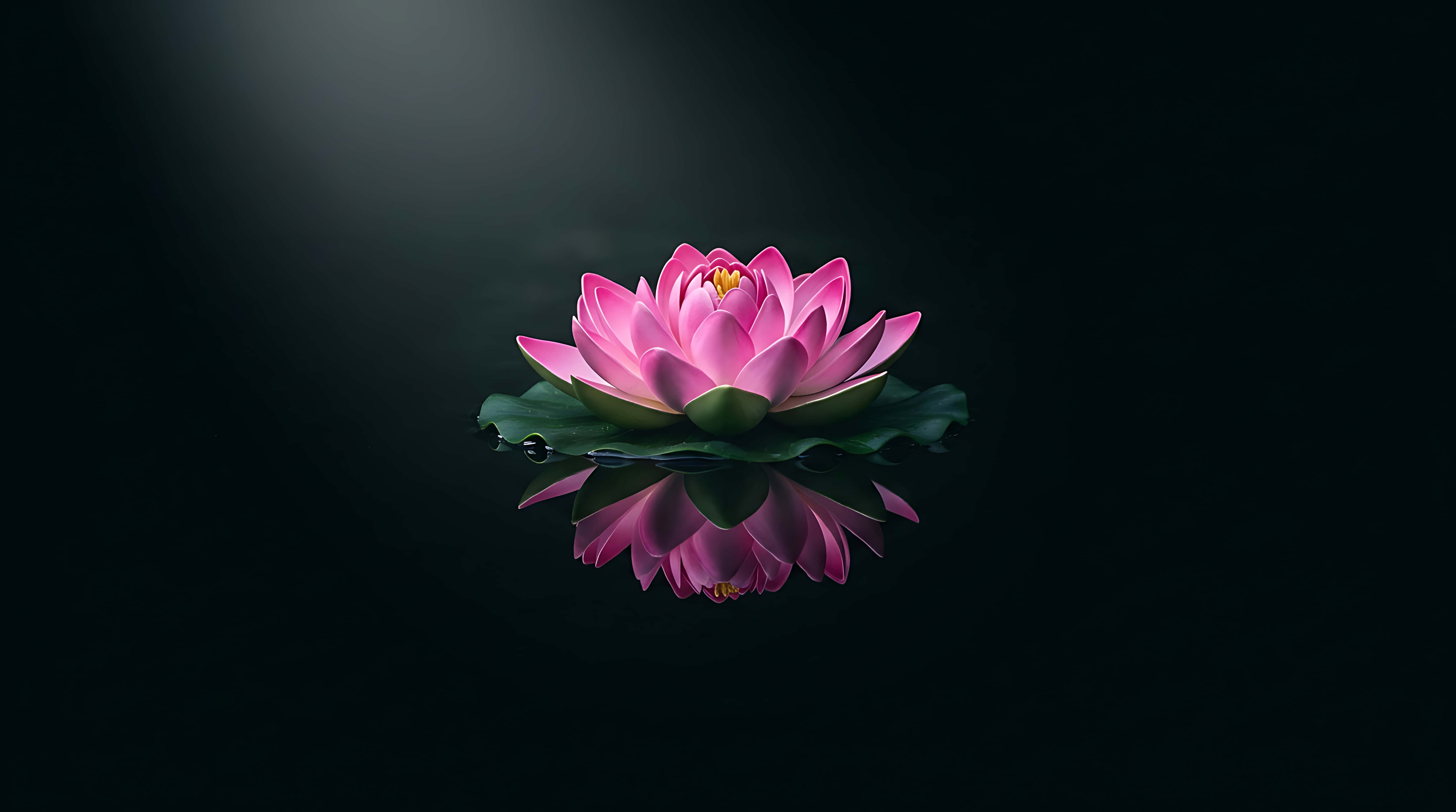 lotus 桌布 壁紙 — 一朵粉紅色的蓮花，帶有綠色葉子，漂浮在深色水面上，在柔和聚光燈下反射出其鮮豔的花瓣。
