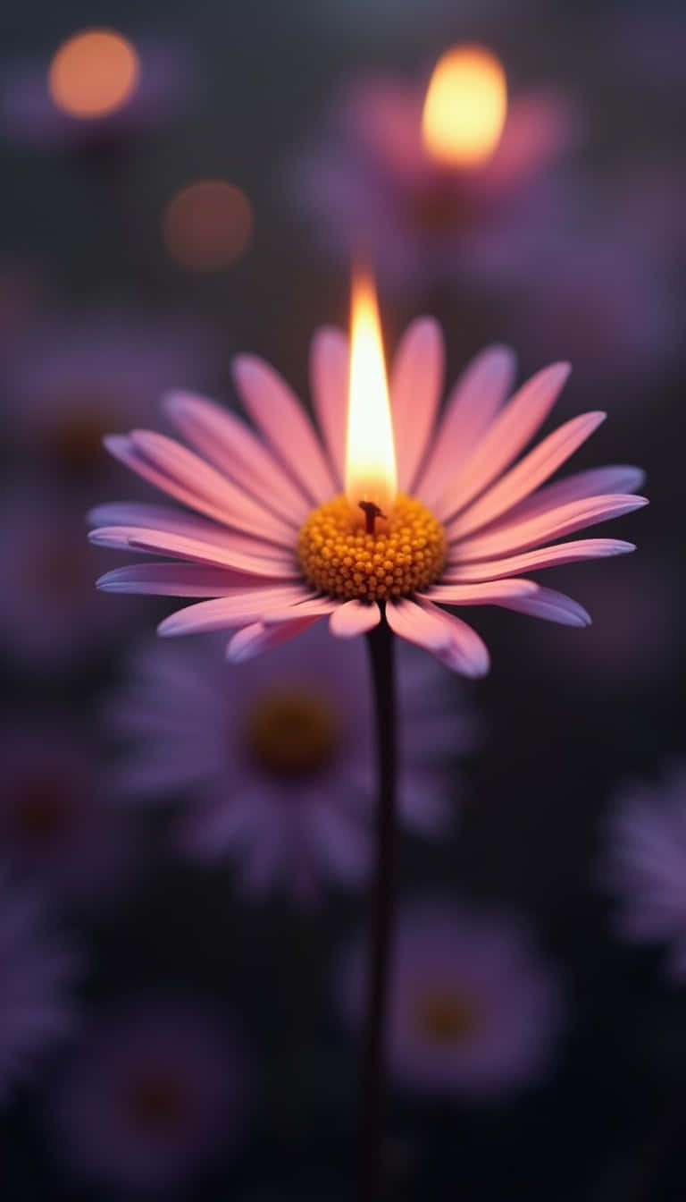 Flower 壁紙 — 一朵粉紅色的雛菊，中心有一朵搖曳的蠟燭火焰，在模糊的紫色花卉背景中發光。