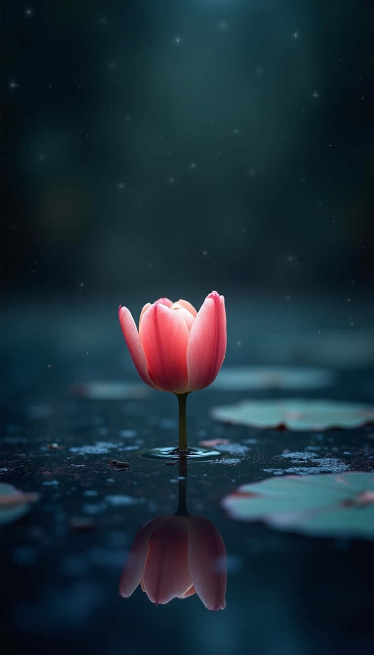 Flower 壁紙 — 一朵粉紅色的鬱金香從暗水中綻放，帶有完美的倒影和漂浮的睡蓮葉，在柔和星光下。
