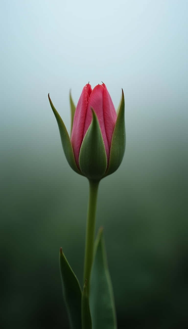 Flower 壁紙 — 一朵粉紅色的鬱金香花蕾，在柔和模糊的綠色和灰色背景下，即將綻放。