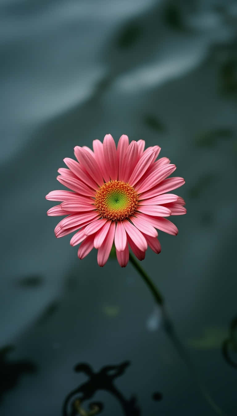Flower 壁紙 — 一朵粉紅色雛菊，黃色花心，在倒映著華麗金屬工藝的深色水面上盛開。