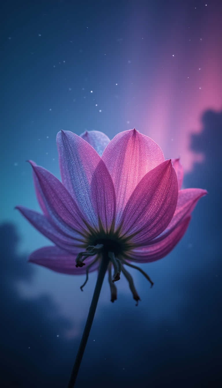Flower 壁紙 — 一朵粉紅蓮花在帶有紫色和藍色漸層的星空暮色天空下綻放。