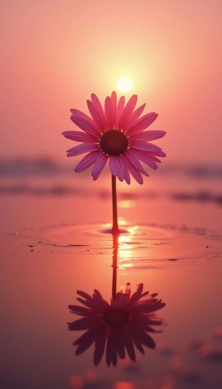 Flower 壁紙 — 一朵粉紅雛菊在淺水中於日落時盛開，其倒影在耀眼的太陽下閃爍。