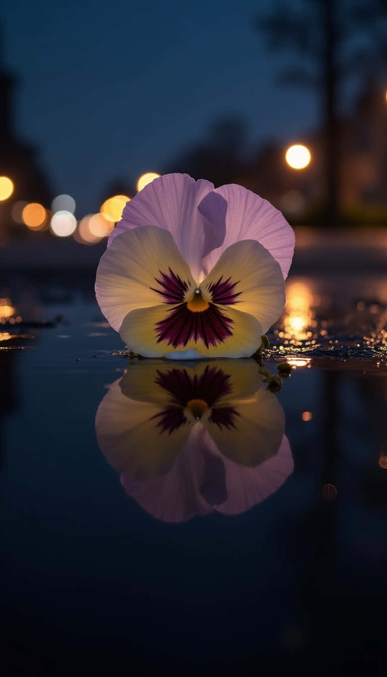 Flower 壁紙 — 一朵精緻的三色堇，帶有紫色、黃色和栗色的花瓣，漂浮在濕漉漉的人行道上，反射著黃昏時的城市燈光。