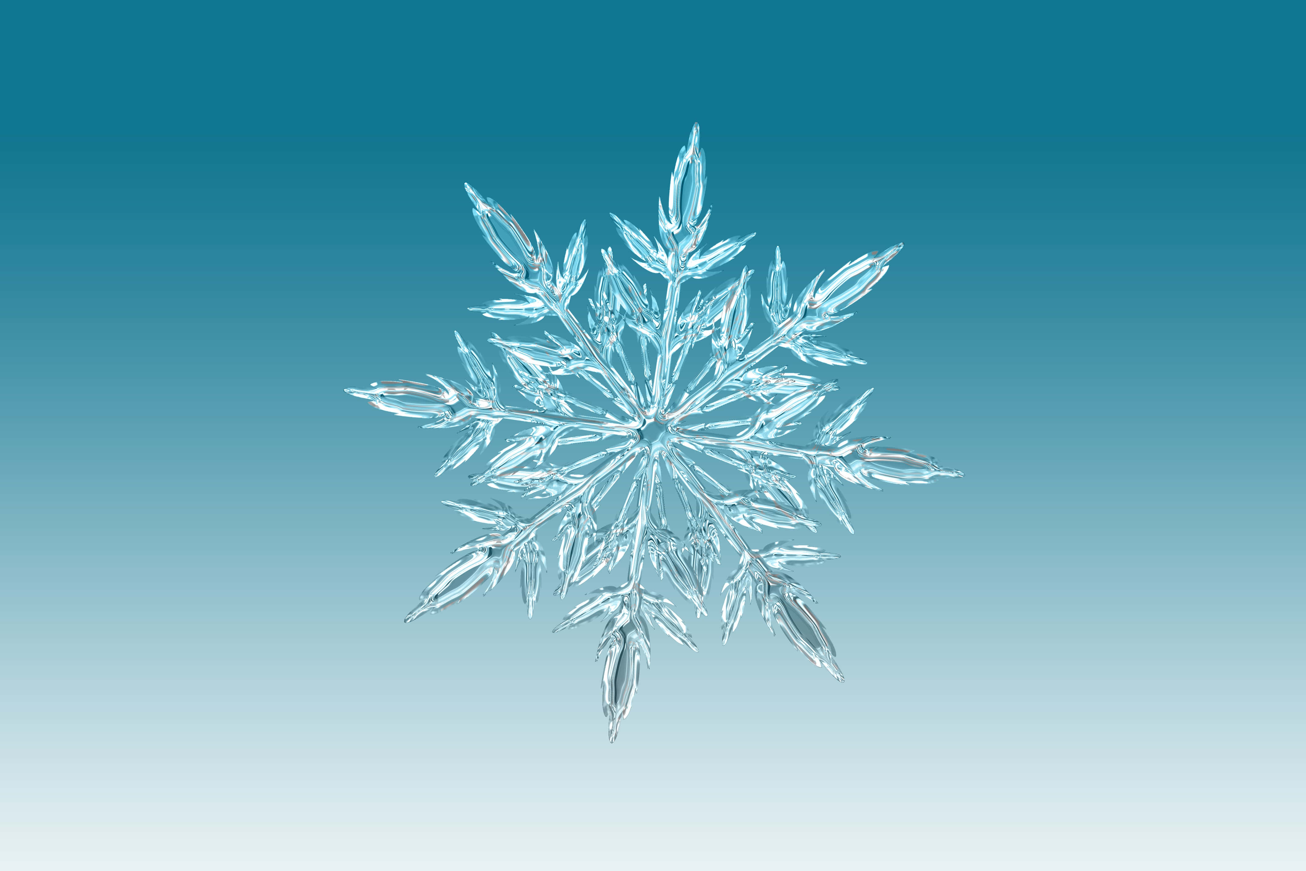 雪花 桌布 壁紙 — 一朵精緻的冰晶雪花在寧靜的藍綠色和白色漸變背景上閃耀著晶瑩剔透的光芒。