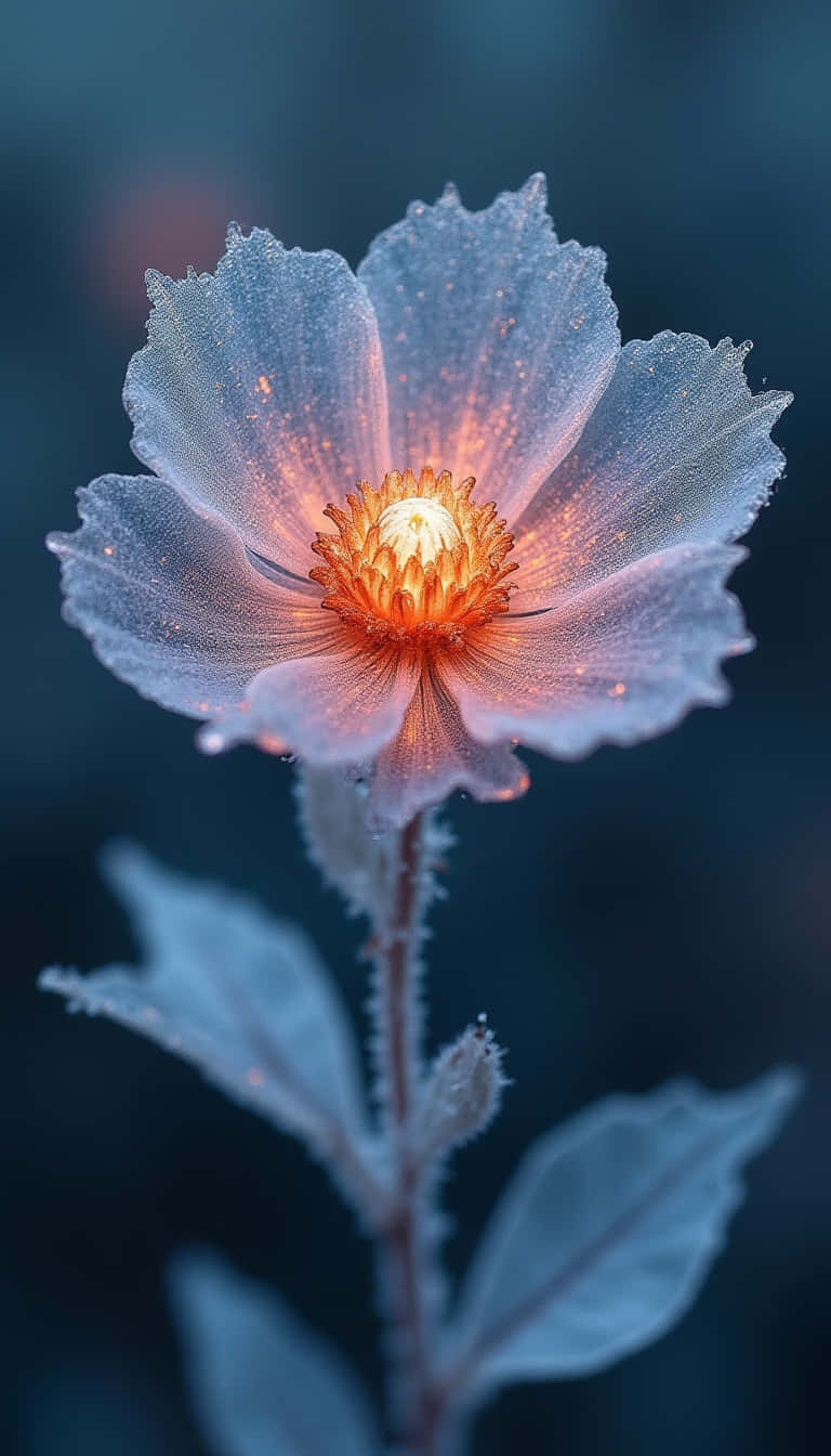 Flower 壁紙 — 一朵精緻的半透明花朵，帶有發光的橙色中心和霜凍花瓣，立在深藍色模糊的背景前。