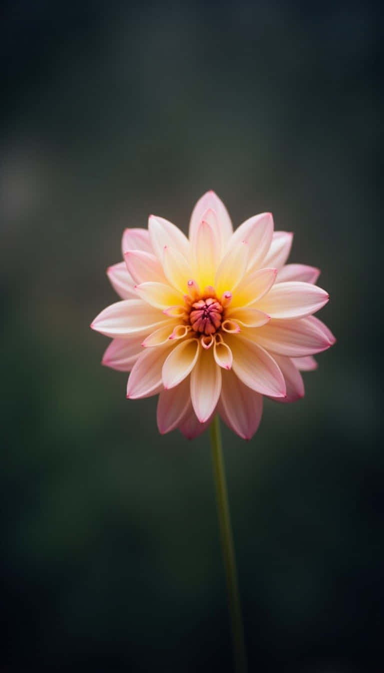 Flower 壁紙 — 一朵精緻的大麗花，帶有柔軟的粉紅色花瓣和黃色花心，在模糊的深綠色背景下高高聳立。