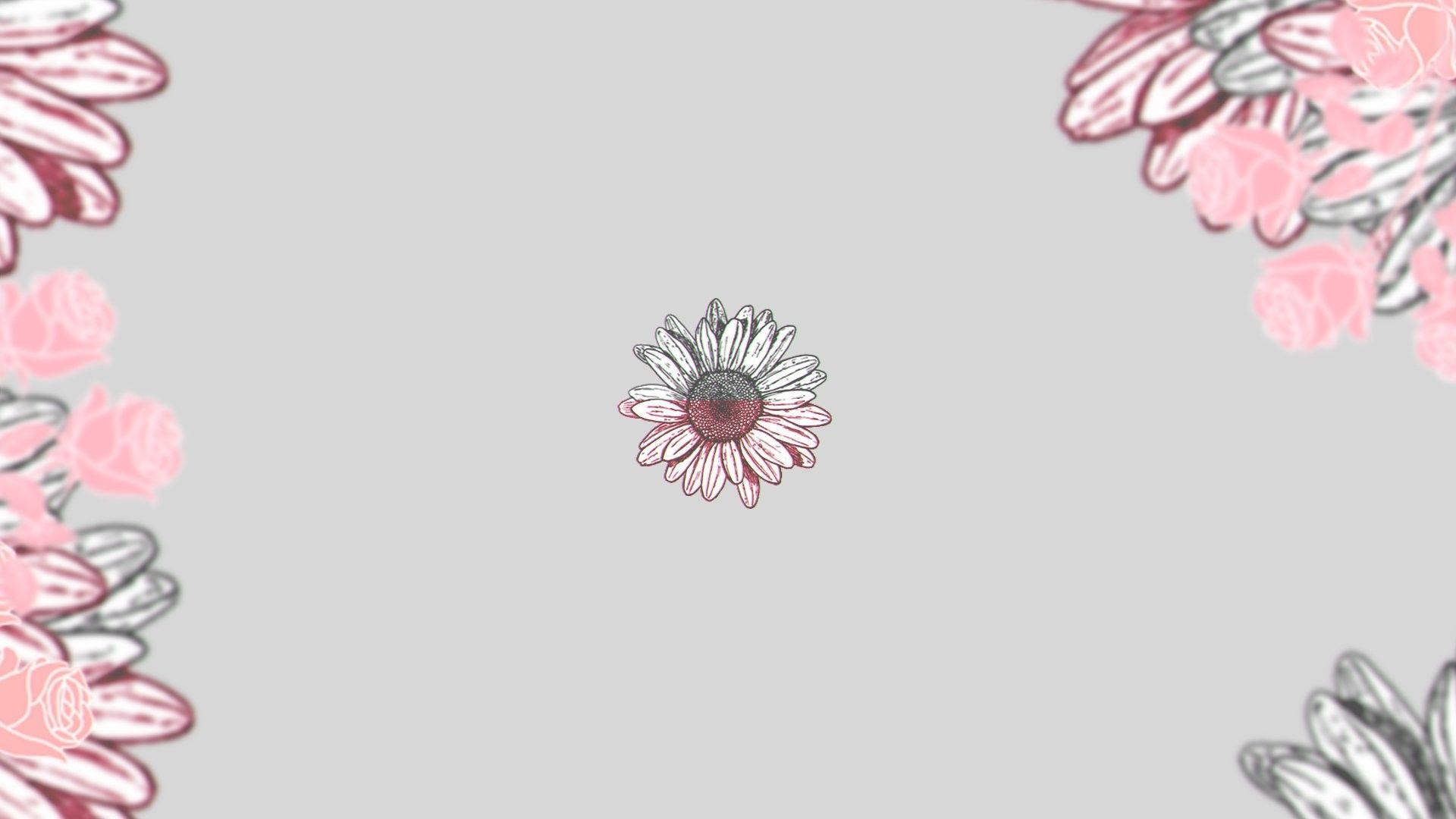 Flowers 桌布 壁紙 — 一朵精緻的手繪雛菊，帶有粉紅色和白色的花瓣，位於柔和的灰色背景中央，周圍環繞著花卉圖案。