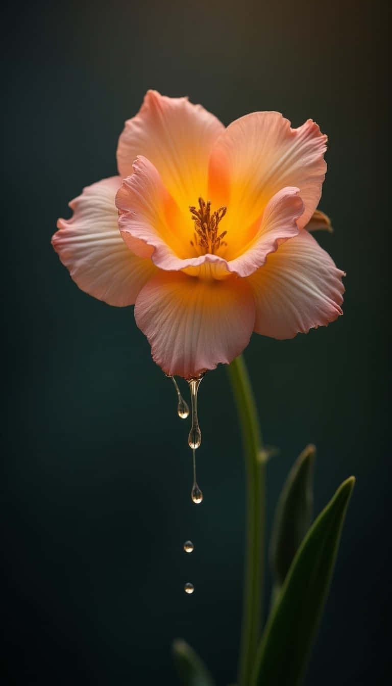 Flower 壁紙 — 一朵精緻的桃花，帶有發光的黃色花心，水滴從花瓣滴落，襯托在深藍綠色背景上。