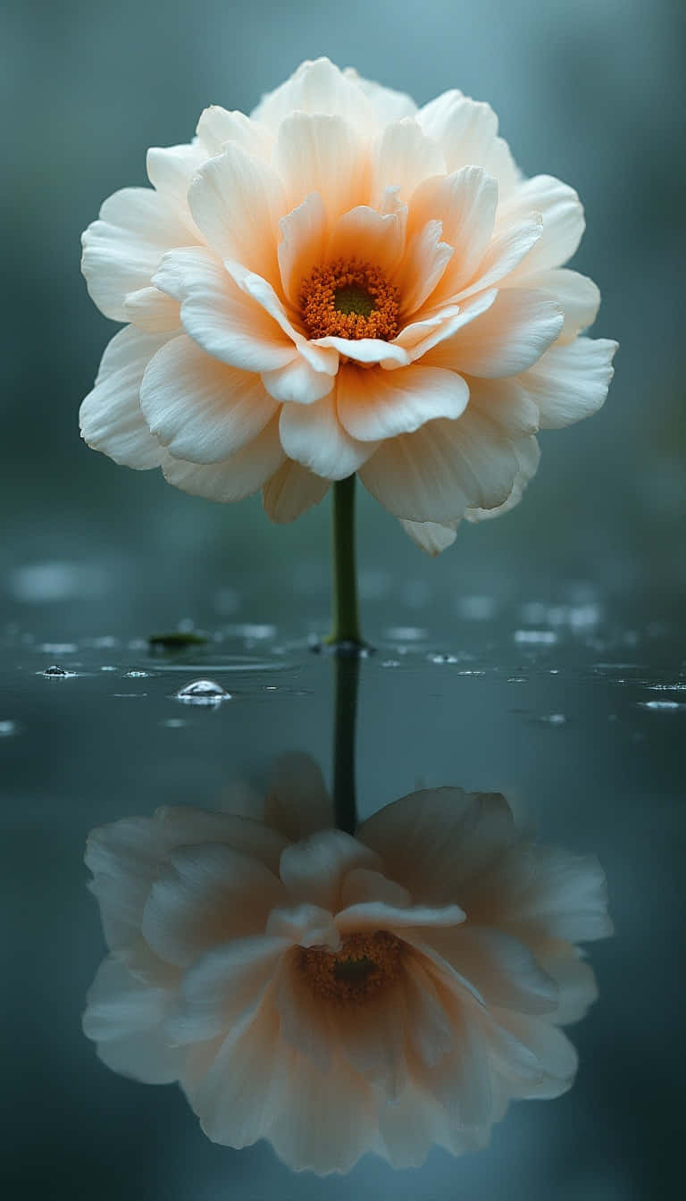 Flower 壁紙 — 一朵精緻的桃花，帶有金色花心，漂浮在水面上，其完美的倒影映照在下方。