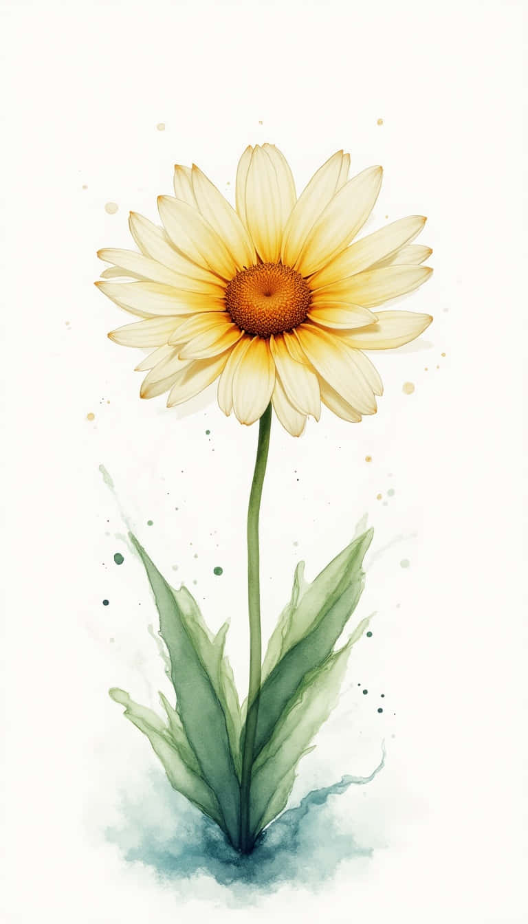 Flower 壁紙 — 一朵精緻的水彩雛菊，帶有淡黃色花瓣和溫暖的橙色中心，在柔和的白色背景上，細長的莖上有綠葉，並帶有微妙的藍色和金色潑濺。