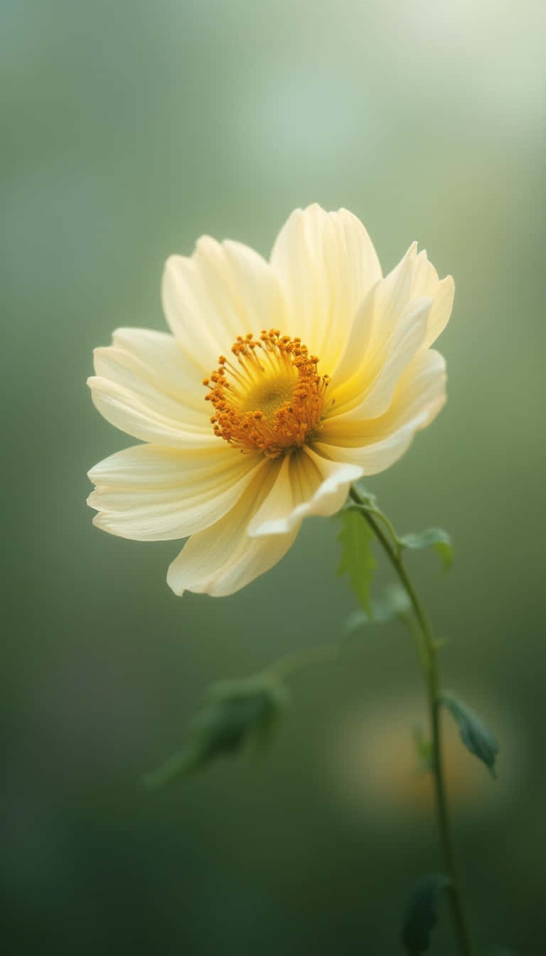 Flower 壁紙 — 一朵精緻的淡黃色大麗花，帶有鮮豔的橙色中心，在模糊的綠色背景上柔和地綻放。