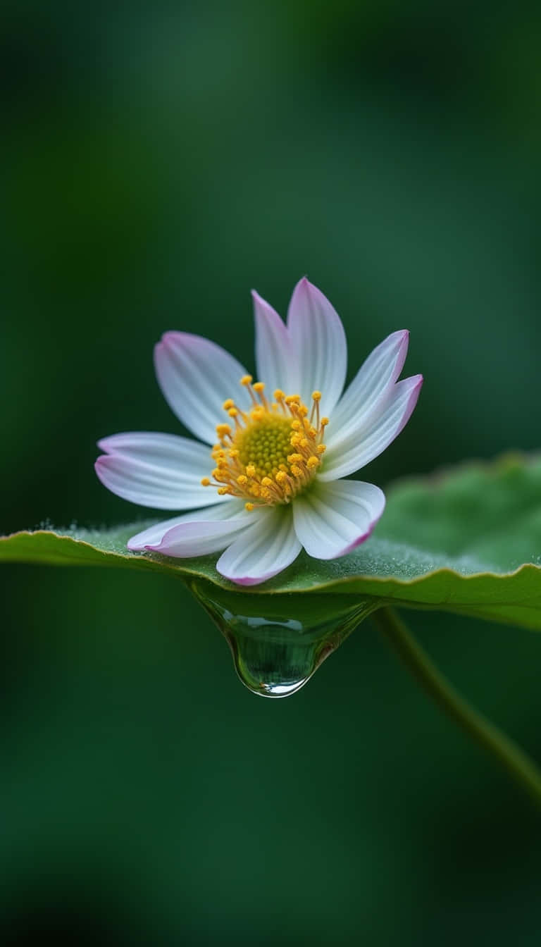 Flower 壁紙 — 一朵精緻的白色和粉紅色睡蓮，黃色花心，棲息在綠色葉子上，下方懸掛著一顆閃閃發亮的水滴。