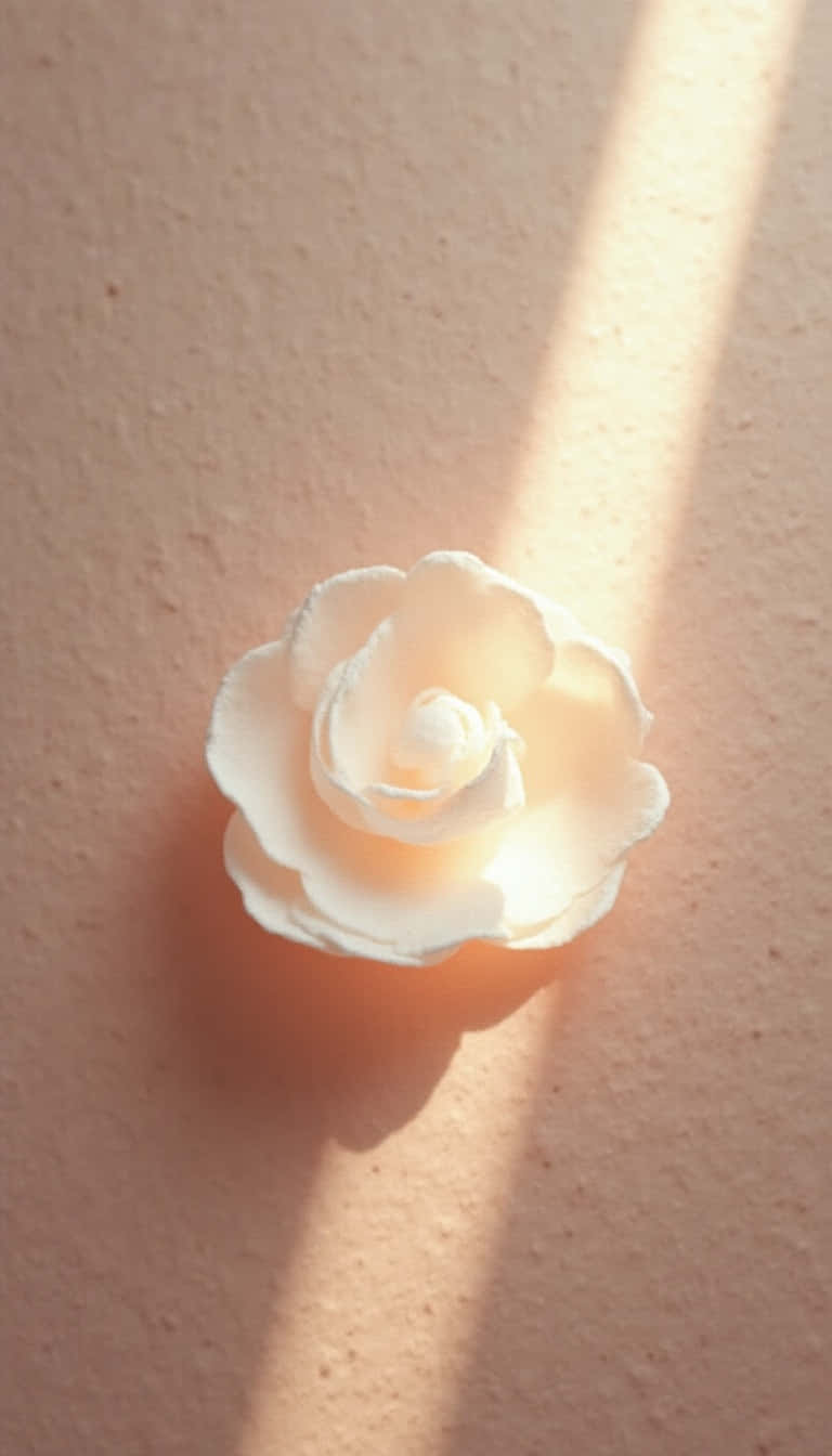 Flower 壁紙 — 一朵精緻的白色紙玫瑰放在帶有紋理的蜜桃色牆上，沐浴在溫暖的金色陽光中，投下柔和的陰影。