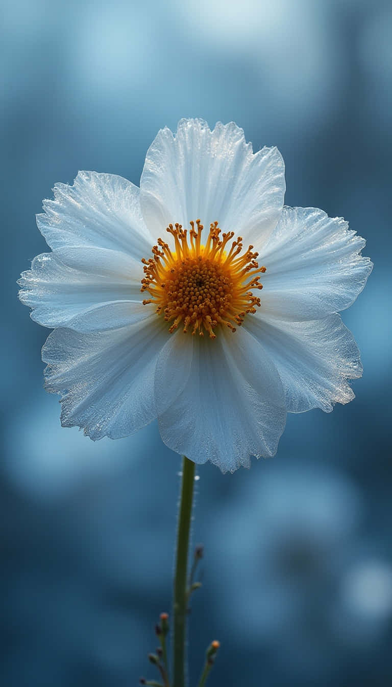 Flower 壁紙 — 一朵精緻的白色花朵，帶有褶皺花瓣和鮮豔的黃色花蕊，在柔和的藍色模糊背景中高高聳立。