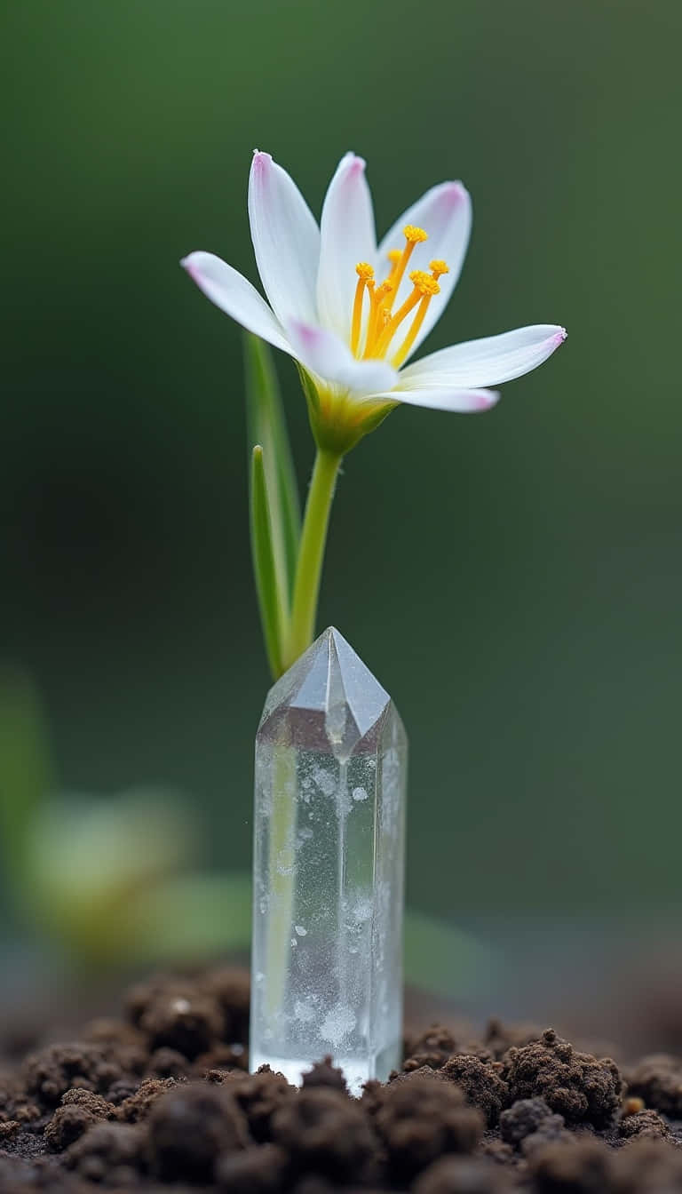 Flower 壁紙 — 一朵精緻的白色花朵，花瓣尖端呈粉紅色，黃色雄蕊，從土壤中生長，旁邊有一塊清澈的水晶。